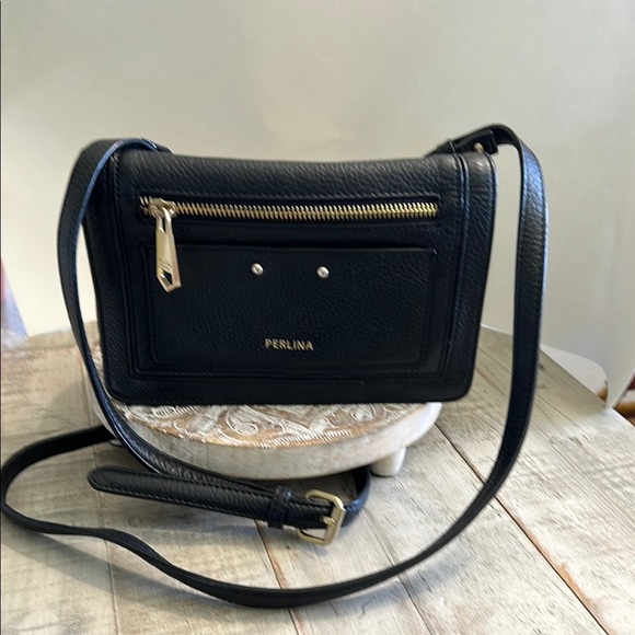 PERLINA CLAIR GENUINE PEBBLED SOFT BLACK LEATHER CROSSBODY BAG PURSE - Picture 1 of 15